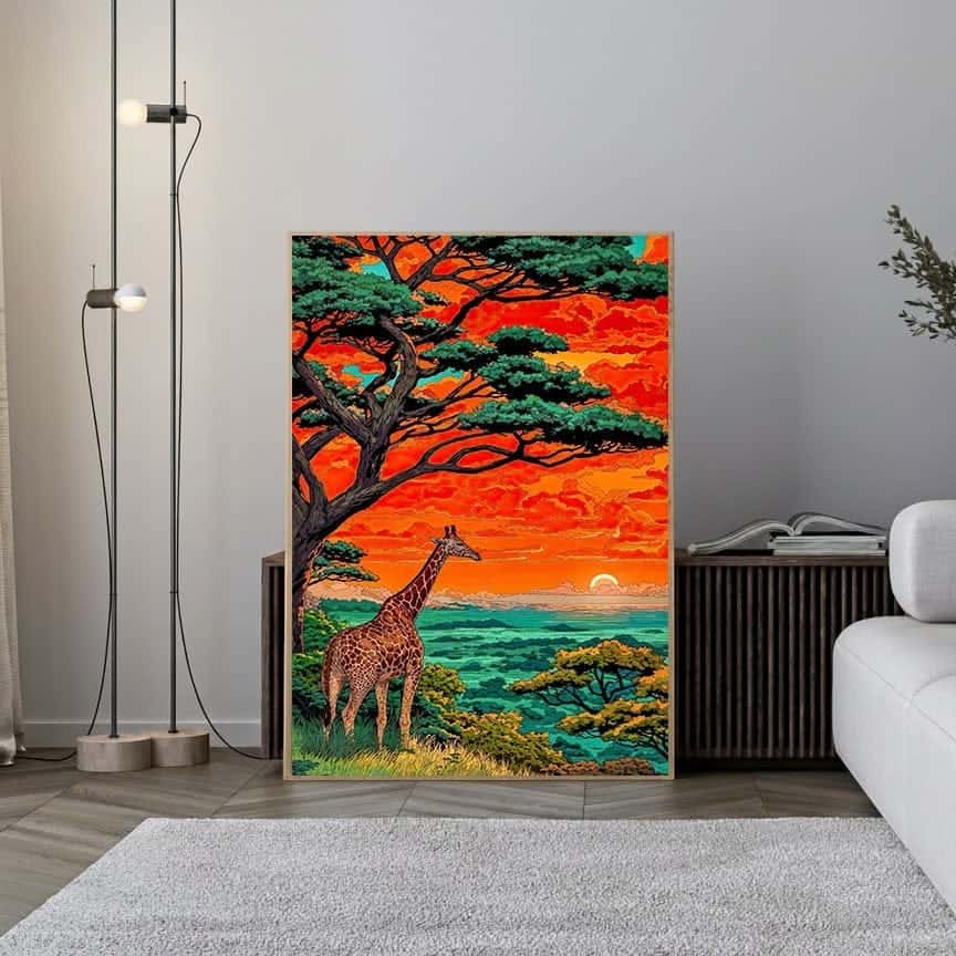 African Sunset with Giraffe | Wildlife Artwork | Nature Wall Art | A2 at XILEF Art